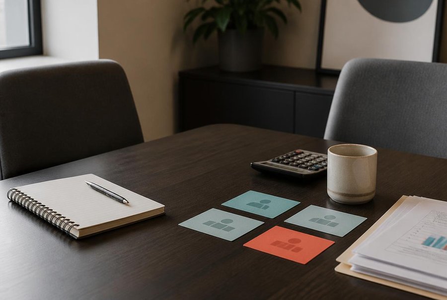 A meeting table with notes and role cards