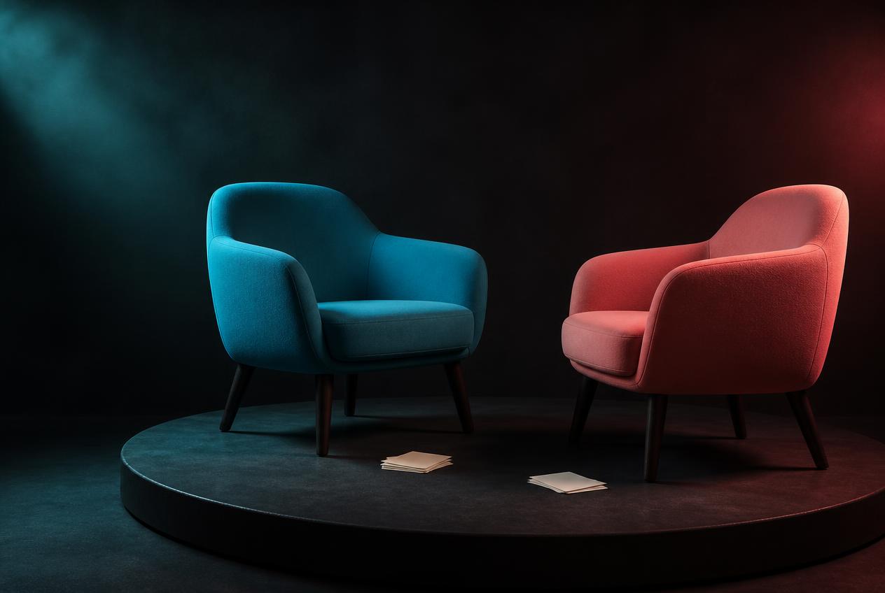 A cyan chair and a coral chair facing one another on a rehearsal stage